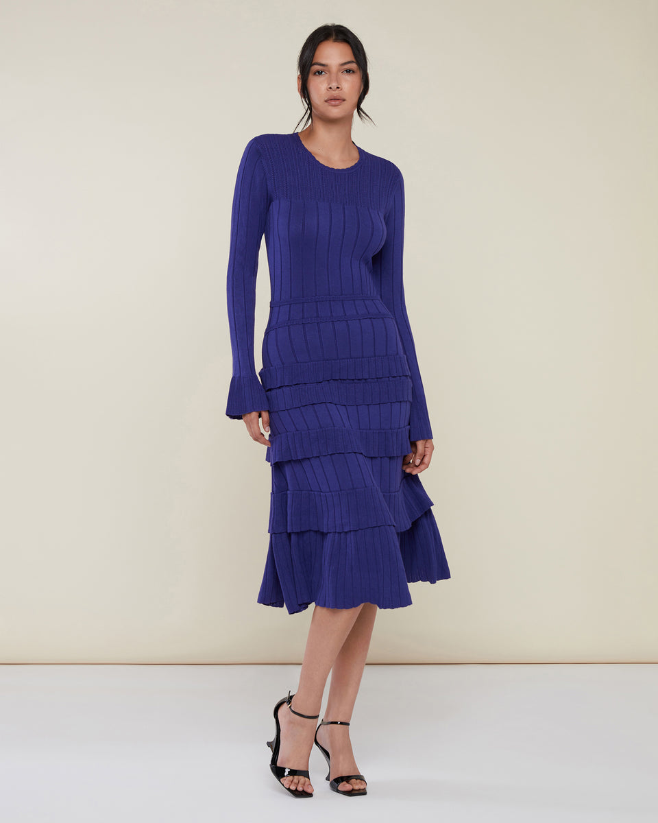 Navy Blue Rib Knitted Midi Dress With Luxe Gold Waist Detail
