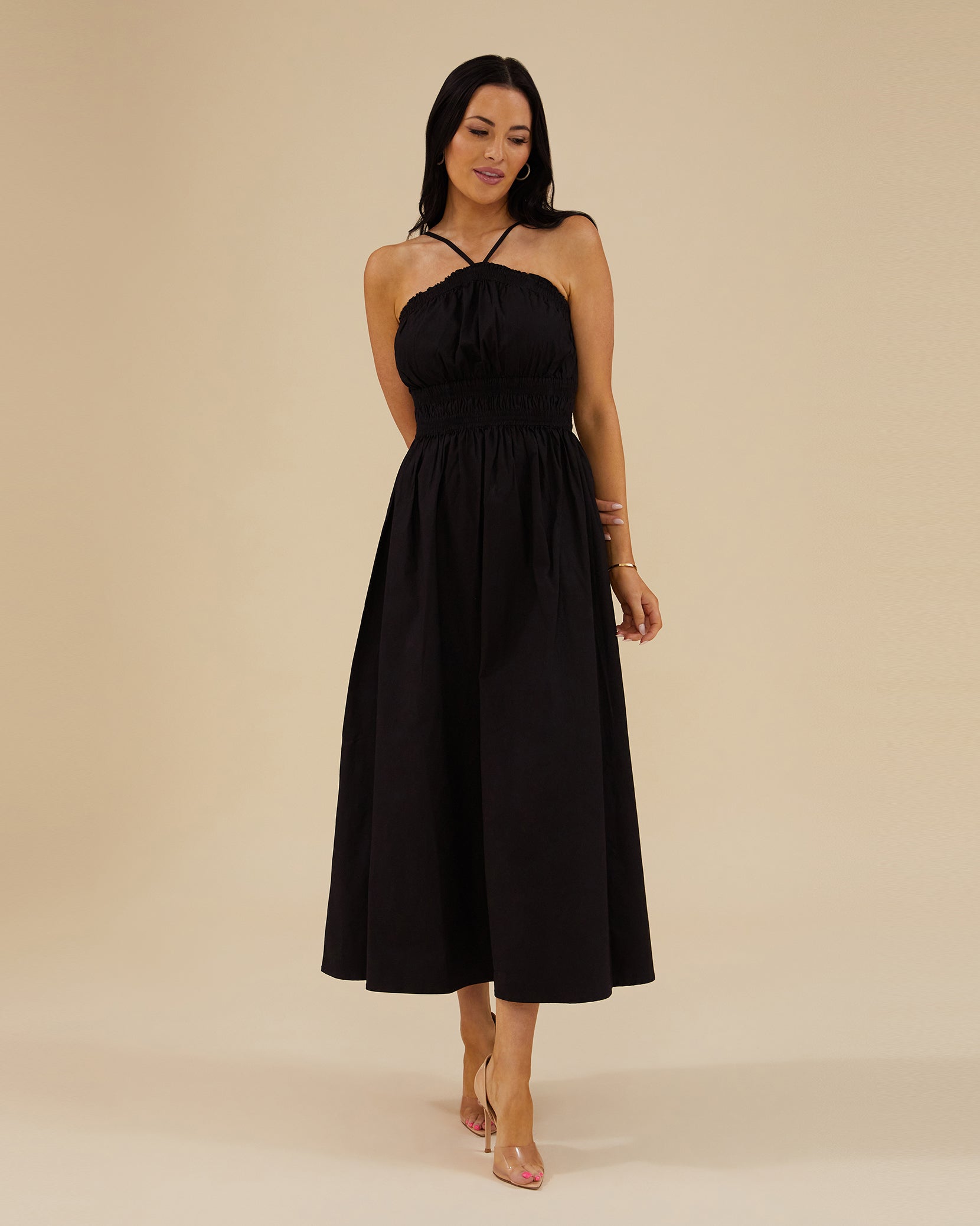 Black Halter Tea Length Dress