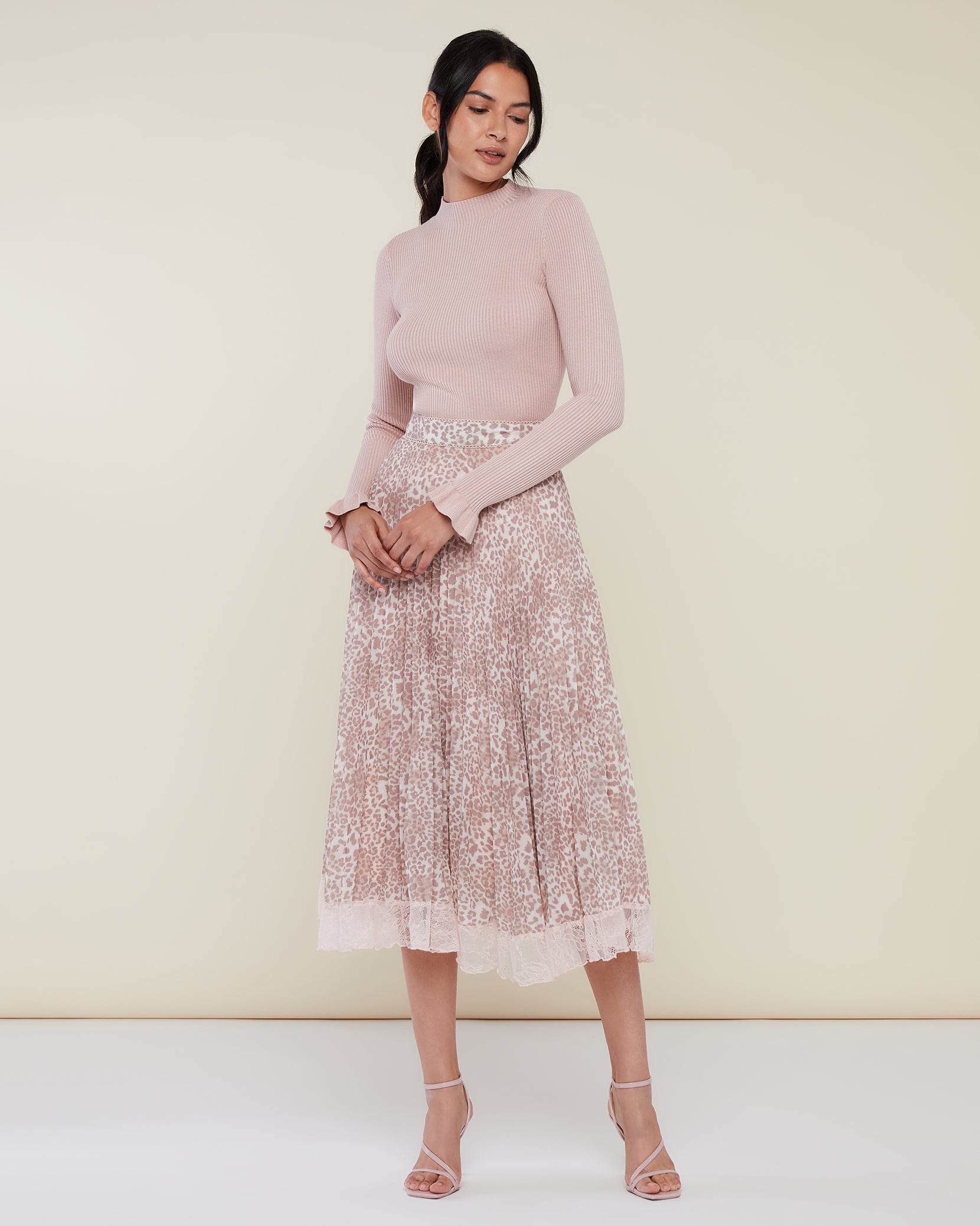 Pleated Lace Trim Midi Skirt
